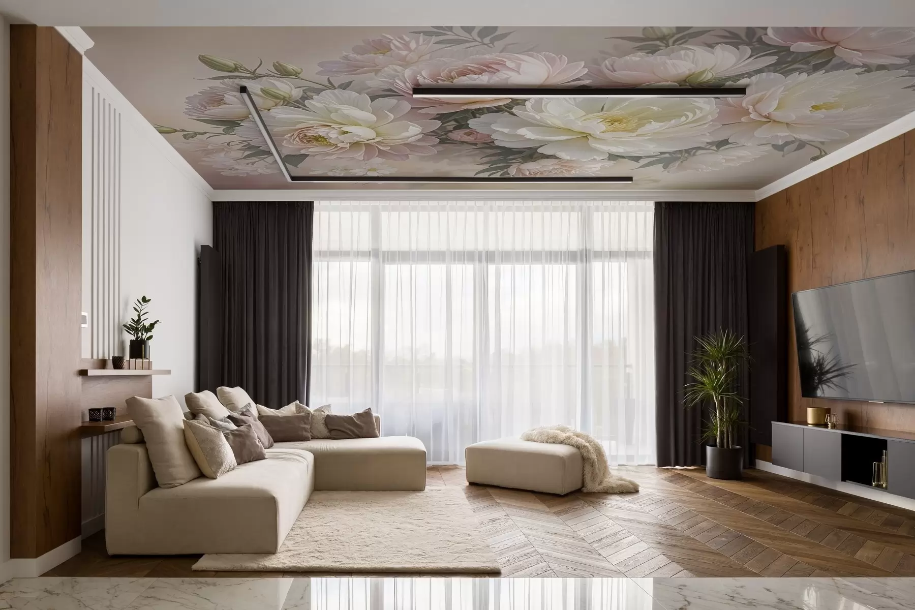 murales de pared Un ramo de exuberantes peonías de colores pastel y otras flores sobre un fondo suave y difuminado  w08276