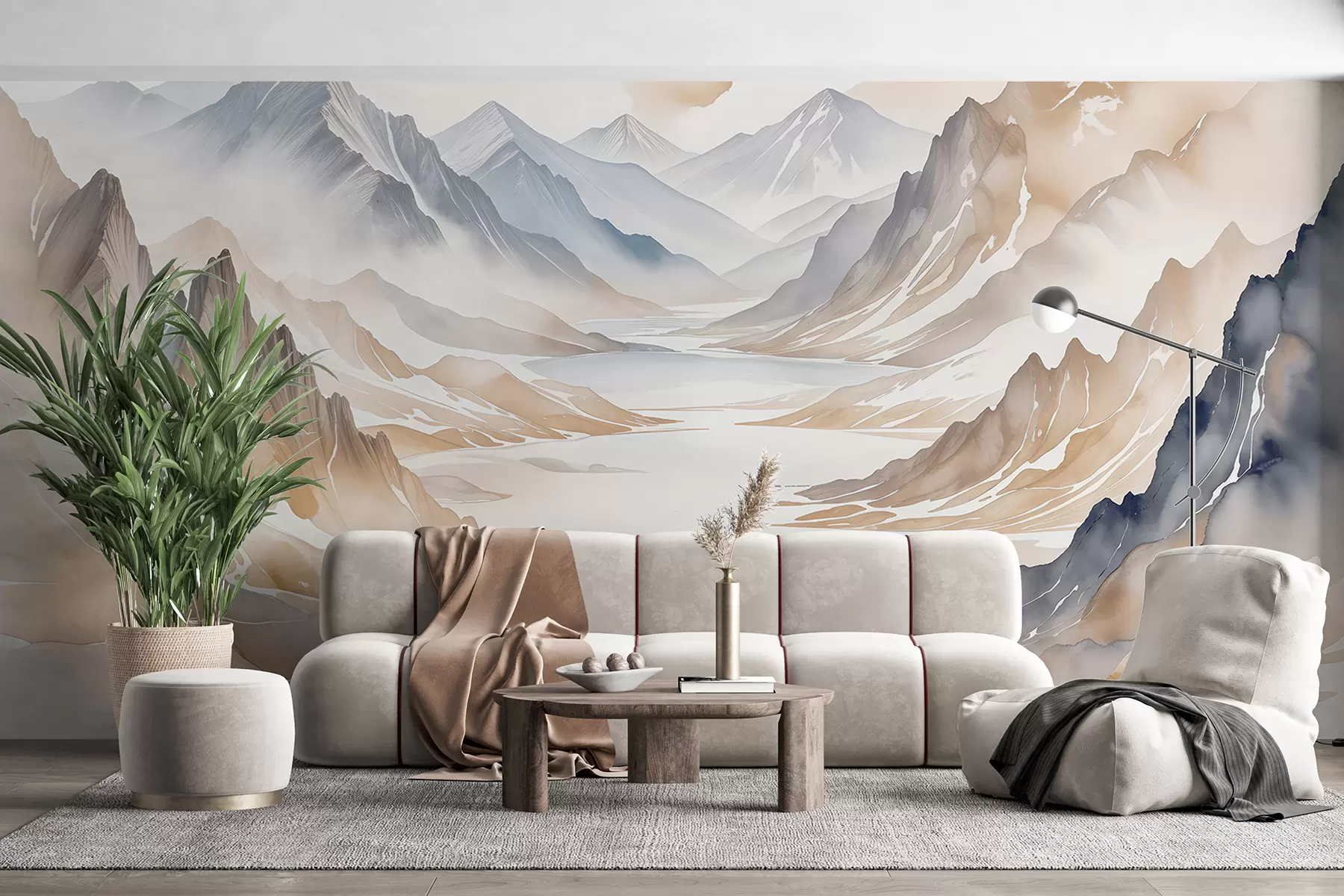 murales de pared Un sereno paisaje de acuarela con colinas ondulantes y cerros al fondo, cubiertos de una suave bruma nebulosa w08281