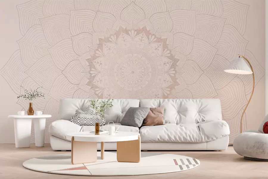 Murales de pared Mandala redondo, papel pintado para espacio de yoga o para armonizar el espacio personal. Mandala mural en cálidos colores pastel sobre fondo irregular texturizado w01088 murales de pared Mandala redondo, papel pintado para espacio de yoga o para armonizar el espacio personal. Mandala mural en cálidos colores pastel sobre fondo irregular texturizado w01088