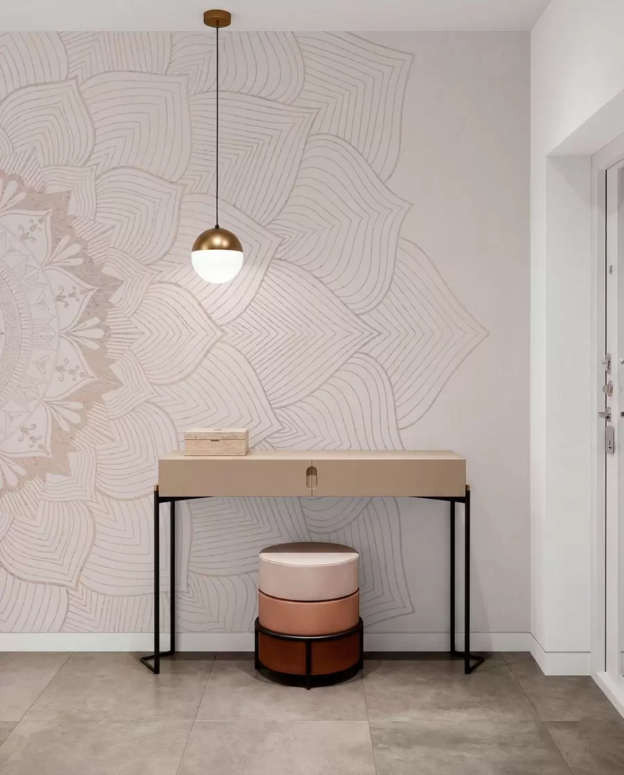 murales de pared Mandala redondo, papel pintado para espacio de yoga o para armonizar el espacio personal. Mandala mural en cálidos colores pastel sobre fondo irregular texturizado w01088