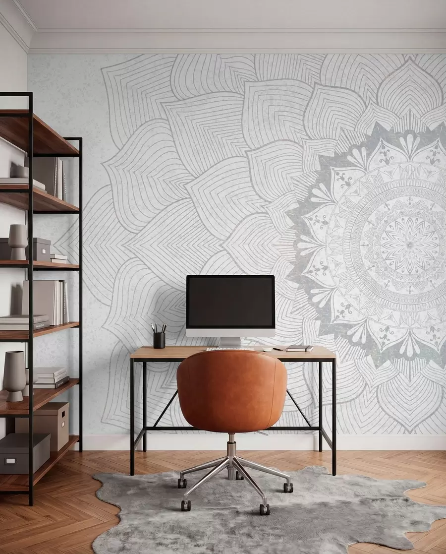 murales de pared Mandala redondo, papel pintado para espacio de yoga o para armonizar el espacio personal. Mandala mural en tonos grises sobre fondo heterogéneo texturado w01088v2