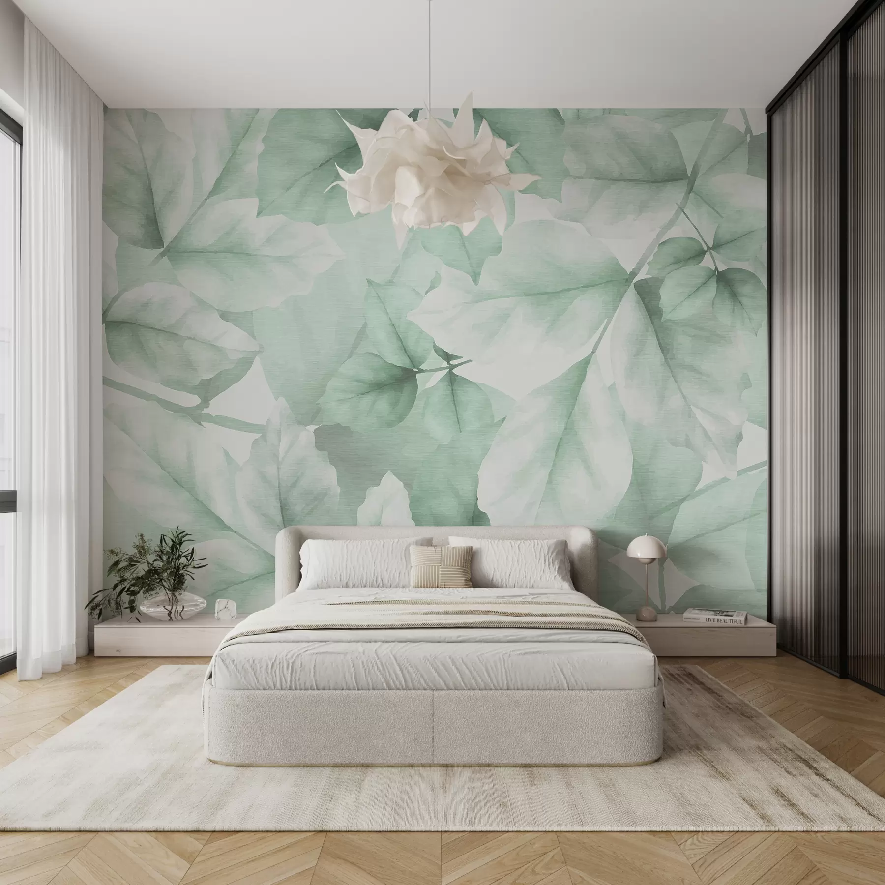 murales de pared Papel pintado texturizado con grandes hojas en tonos verdes pastel w01090v3