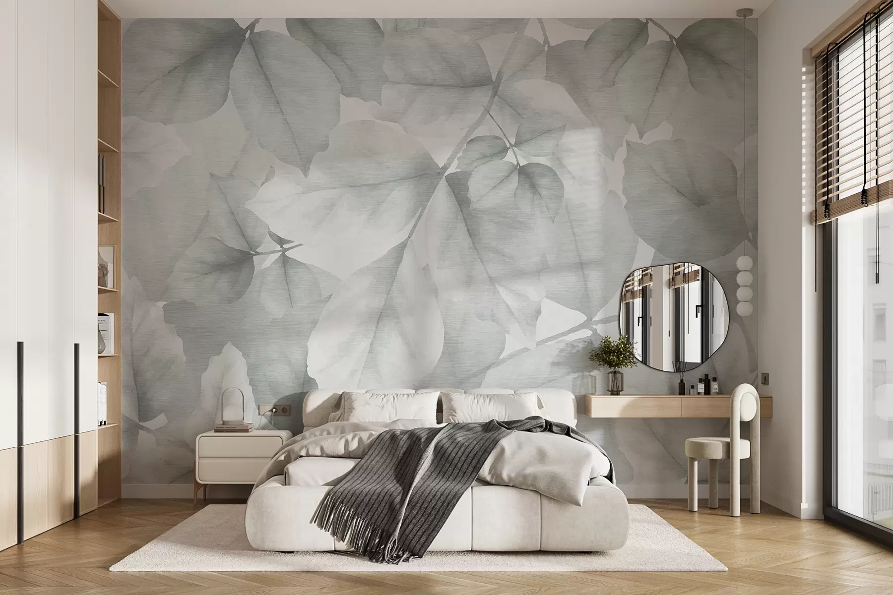 murales de pared Papel pintado texturizado con grandes hojas en tonos pastel grises w01090v4