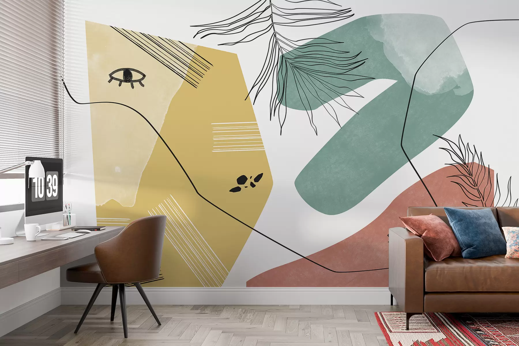 murales de pared Formas geométricas abstractas con líneas, de color amarillo, azul y rojo w01607