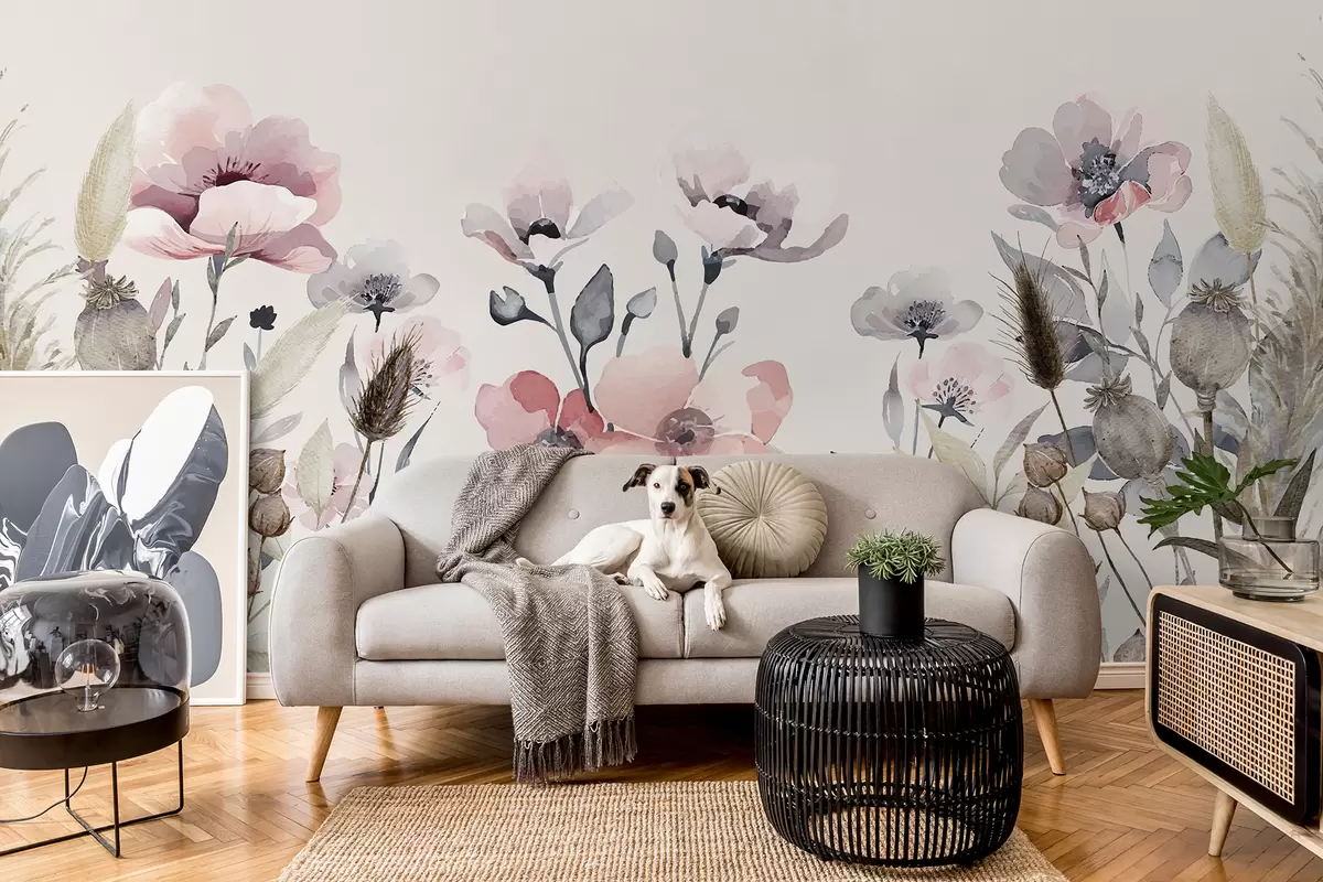 murales de pared Amapolas,color gris claro, acuarela w01532