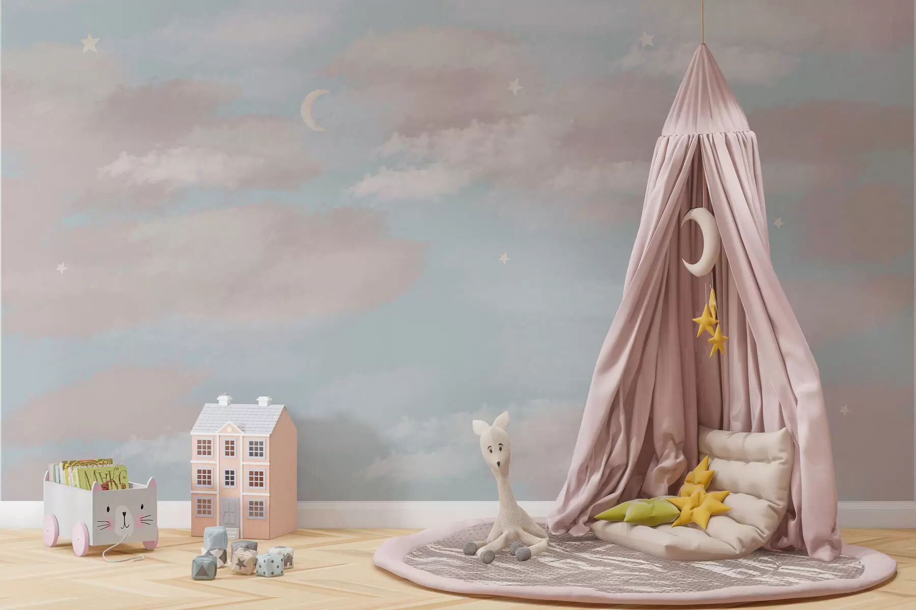 murales de pared Cielo mágico con nubes, luna y estrellas w01549