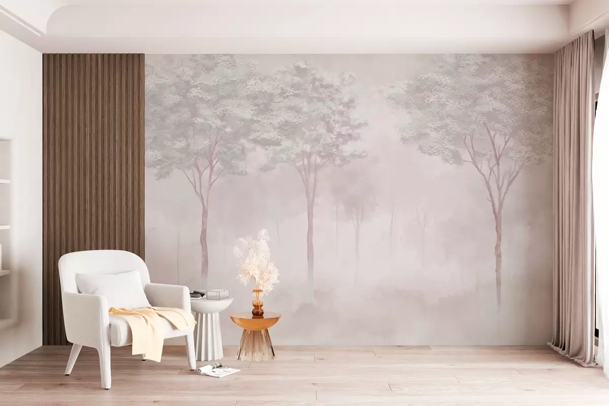 murales de pared Silueta de bosque brumoso en suave color rosa w01599v1