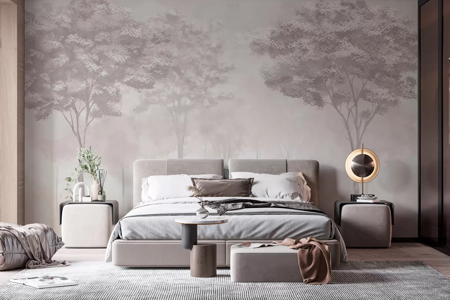 murales de pared Silueta de bosque brumoso en color rosa w01599v3