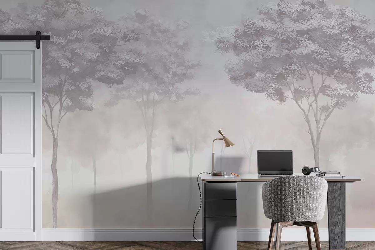murales de pared Silueta de bosque brumoso en color rosa w01599v3