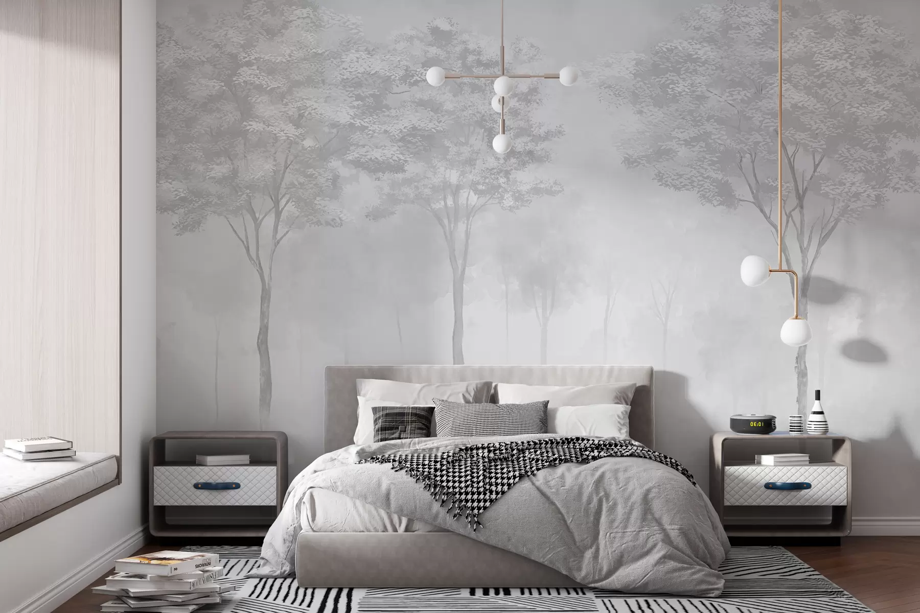 murales de pared Silueta de bosque brumoso en color gris w01599v5