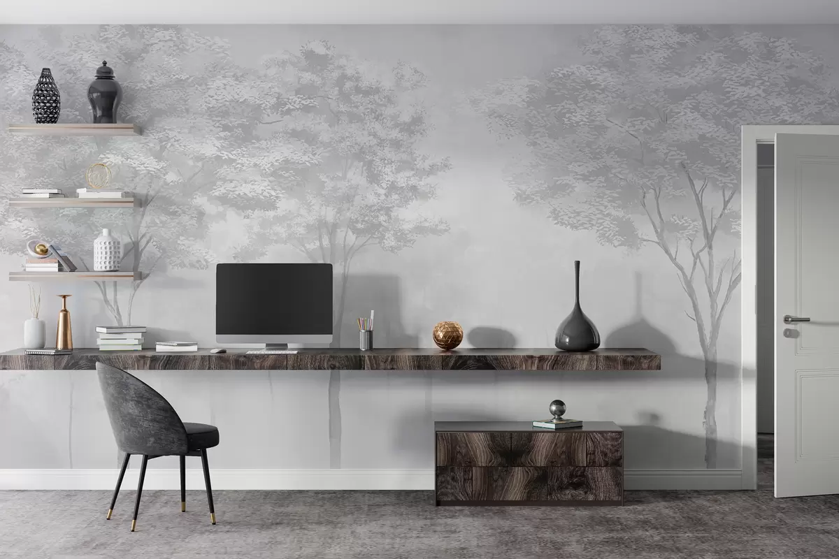 murales de pared Silueta de bosque brumoso en color gris w01599v5