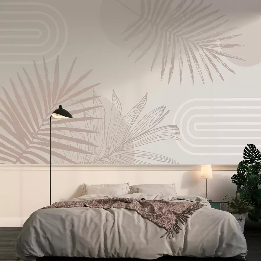 murales de pared Papel pintado geométrico con hojas de palmera en estilo boho w01601