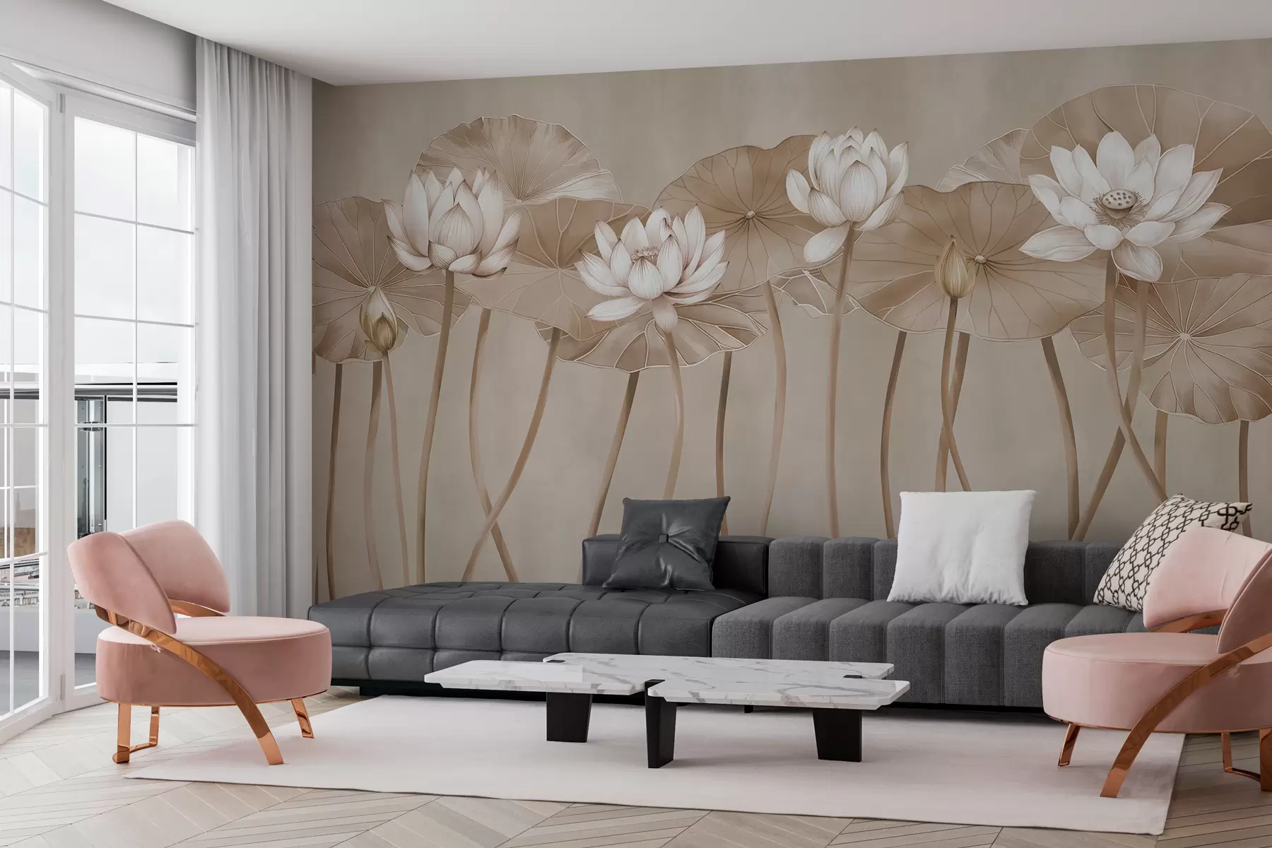 murales de pared Flores y hojas de loto beige  w01622v3