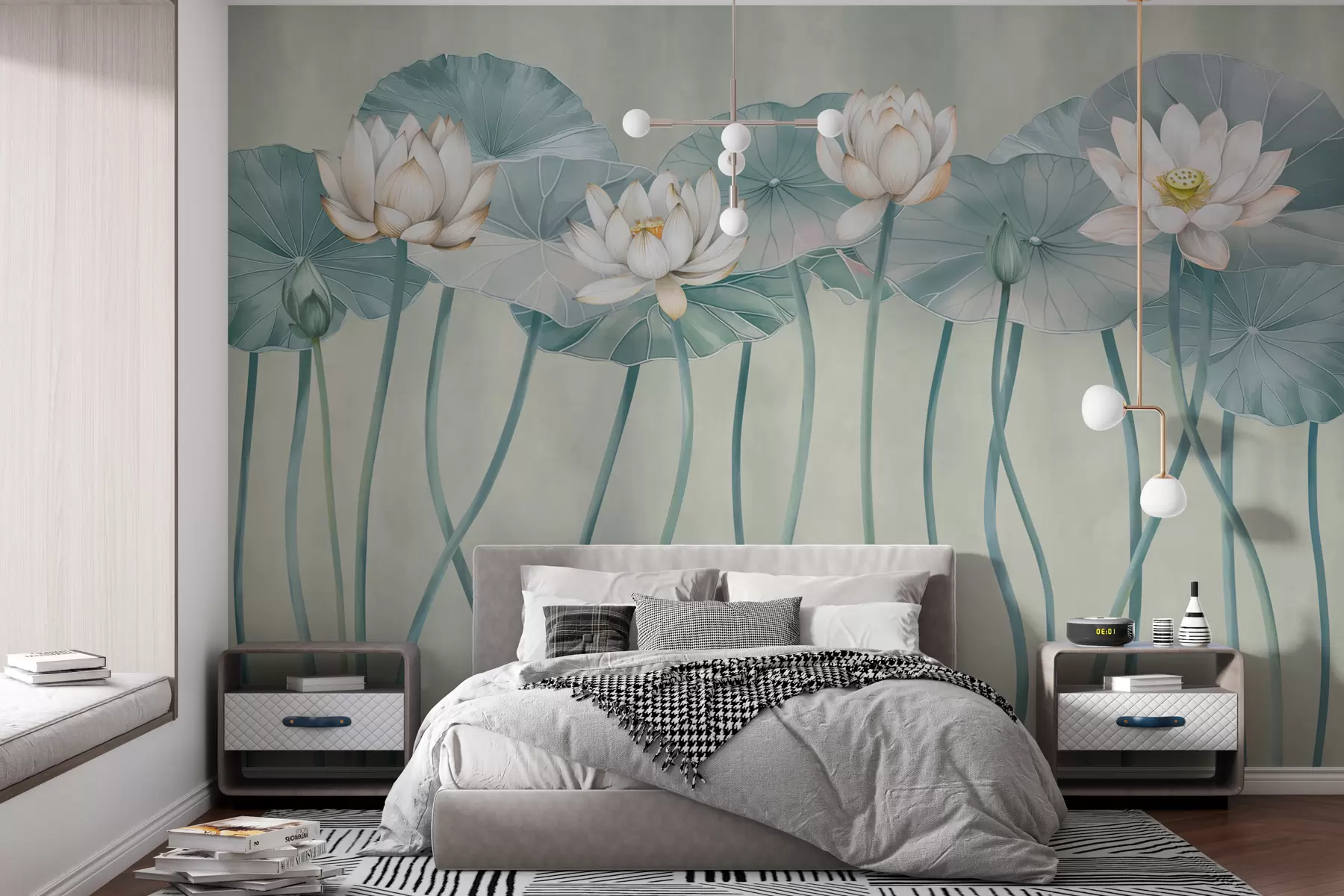 murales de pared Flores y hojas de loto azules  w01622v4