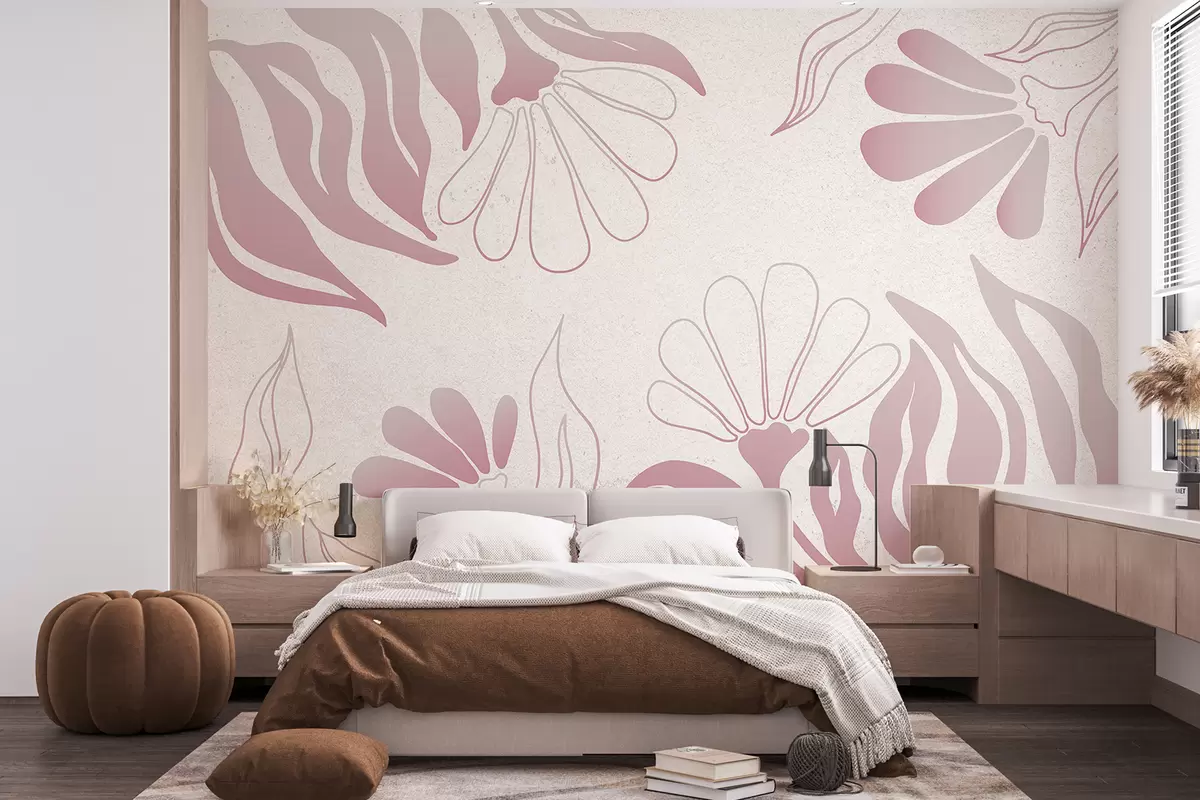 murales de pared Flores geométricas, dibujo lineal, abstracción, colores rosa y beige w01628v2