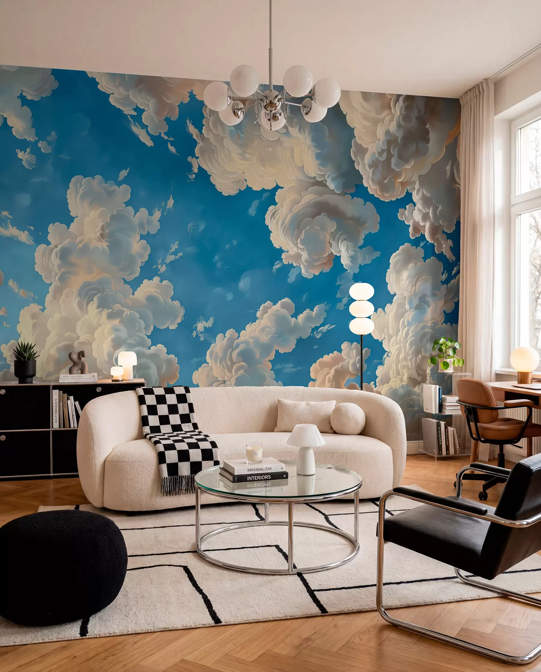 murales de pared Nubes ondulantes en cálidos tonos crema, melocotón suave y pálido, sobre un cielo azul intenso y vibrante w01583