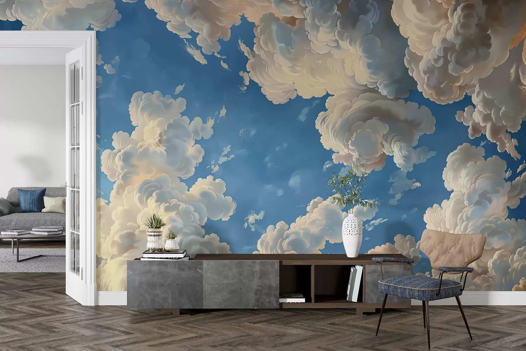 murales de pared Nubes ondulantes en cálidos tonos crema, melocotón suave y pálido, sobre un cielo azul intenso y vibrante w01583