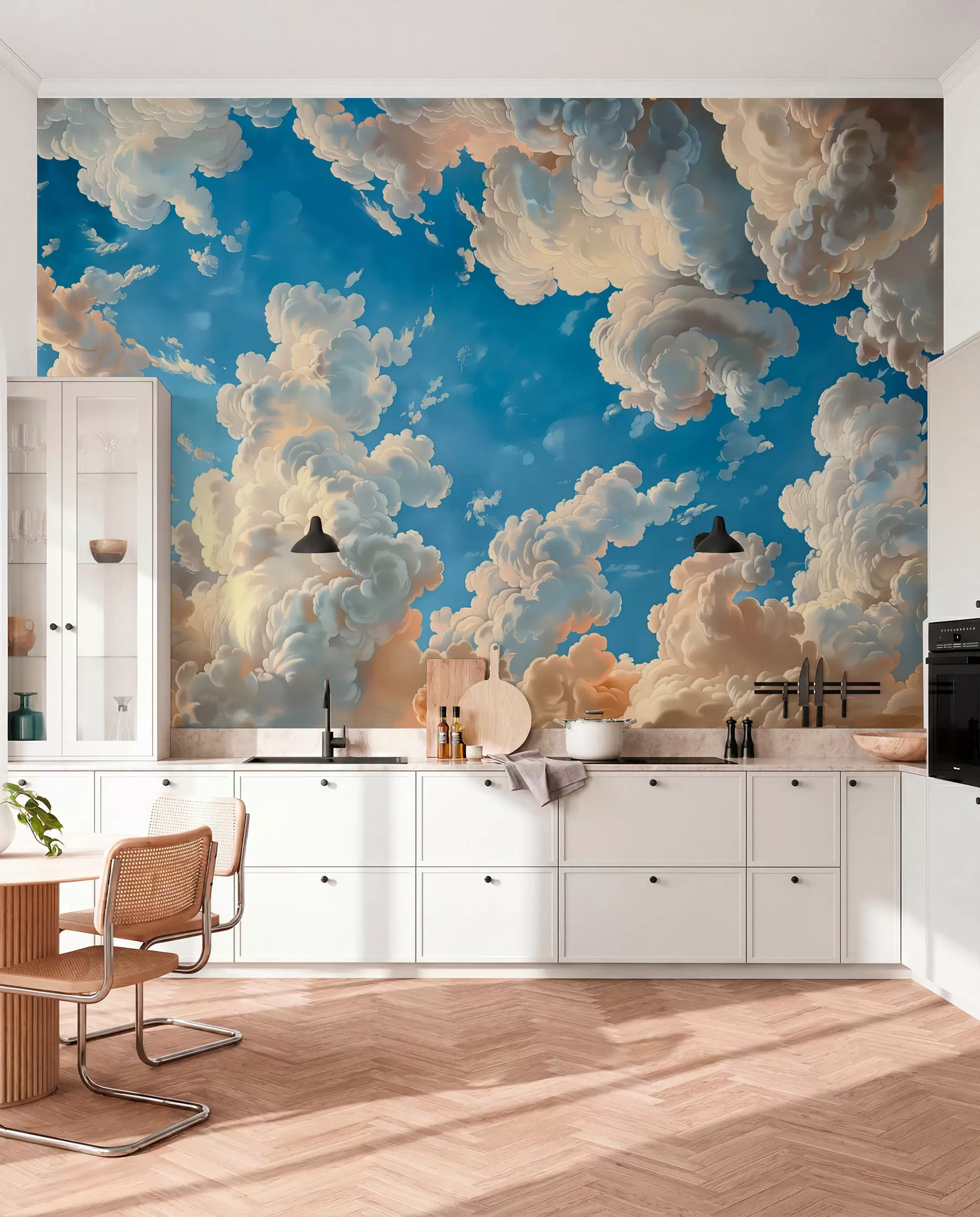 murales de pared Nubes ondulantes en cálidos tonos crema, melocotón suave y pálido, sobre un cielo azul intenso y vibrante w01583