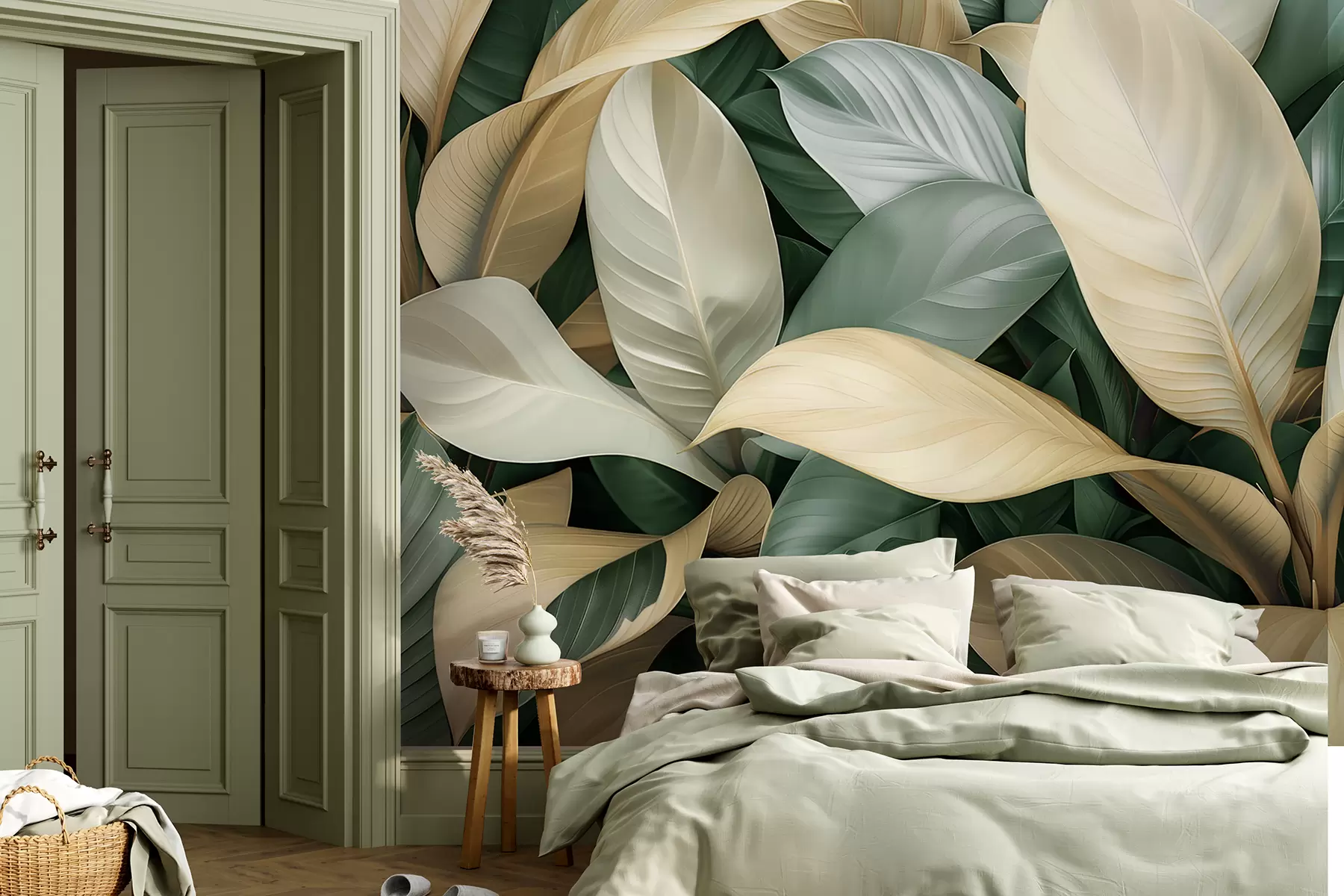 murales de pared Grandes hojas tropicales en colores verde y beige w01587v1