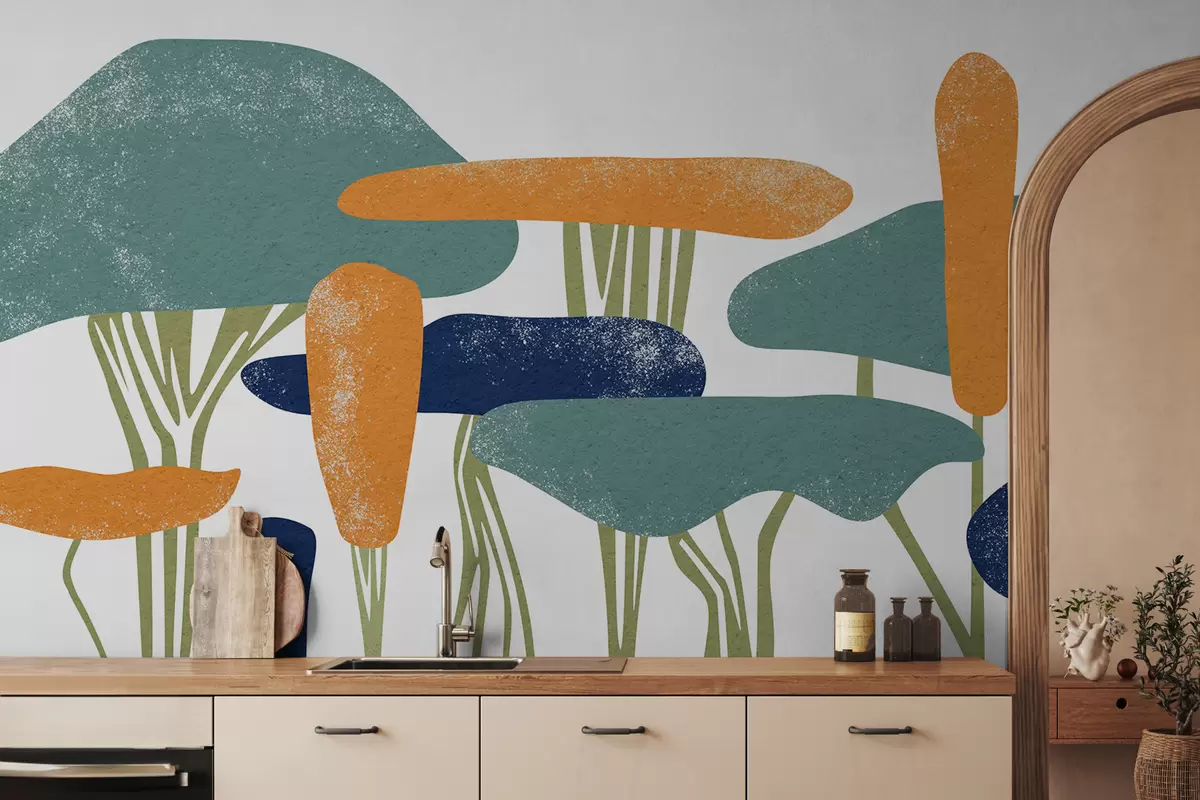 murales de pared Árboles abstractos estilizados con textura, color azul, naranja w01609v4