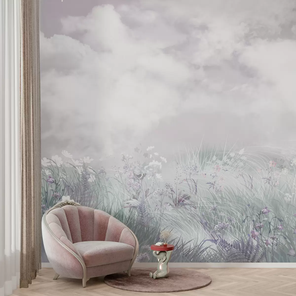 murales de pared Flores silvestres y hierbas con cielo rosado y nubes w01624v1