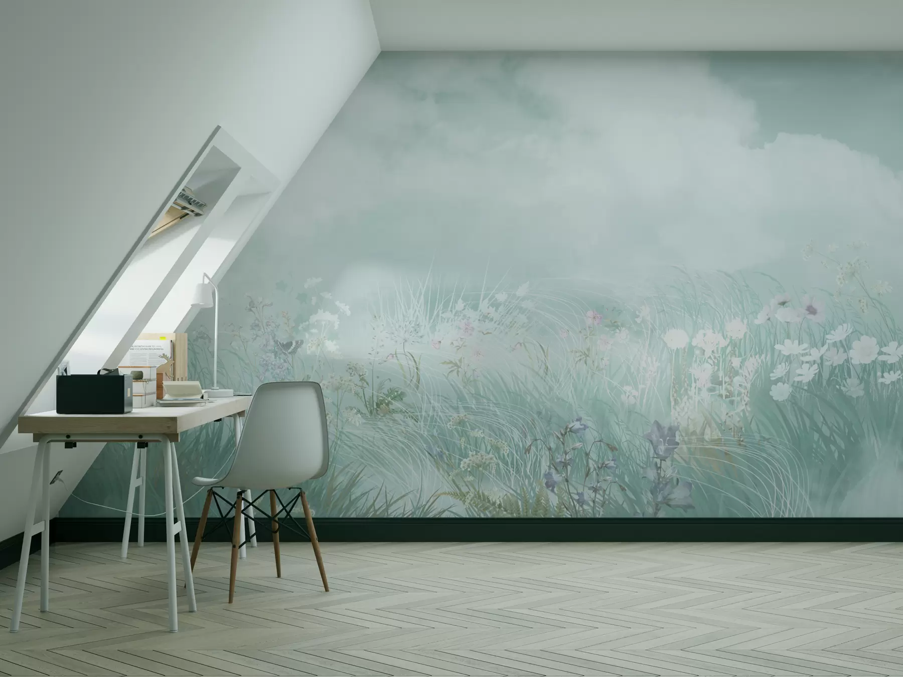 murales de pared Flores silvestres y hierbas con cielo verdoso y nubes w01624v2