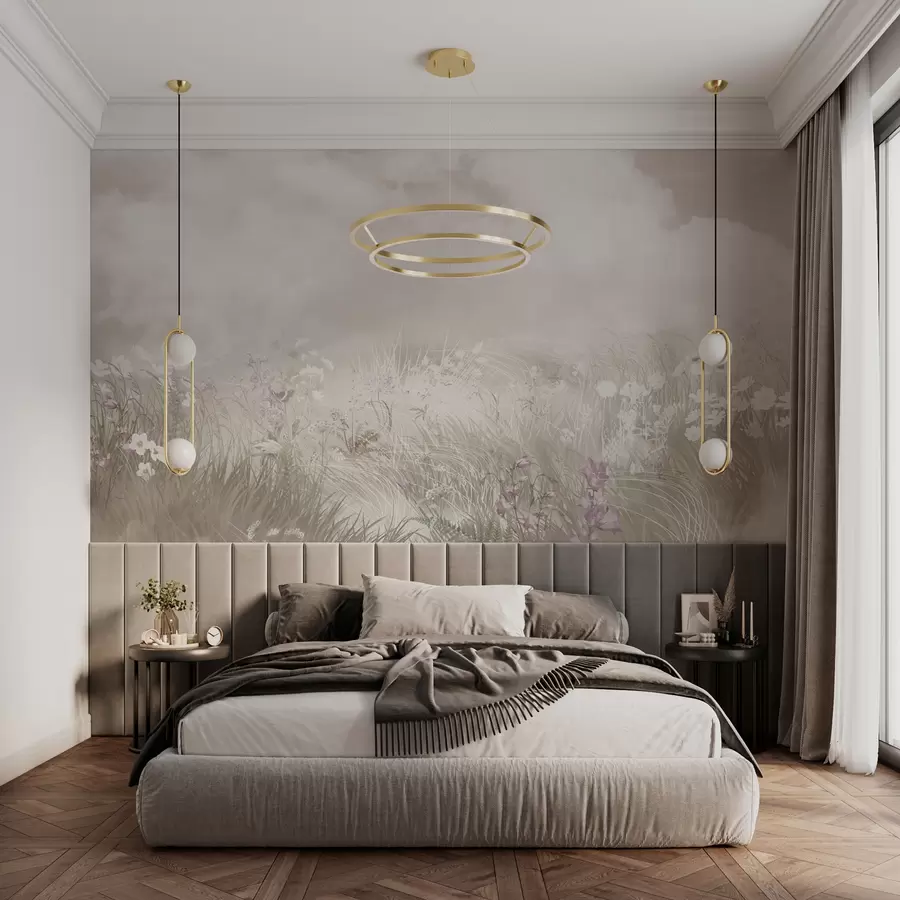 murales de pared Flores silvestres y hierbas con cielo y nubes rosa pálido w01624v4