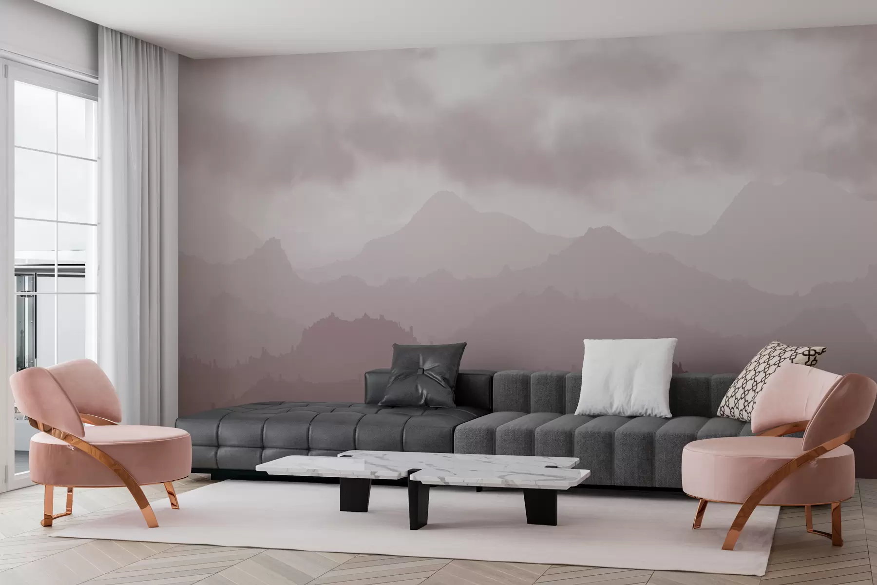 murales de pared Montañas neblinosas con nubes rosas en el cielo w01637