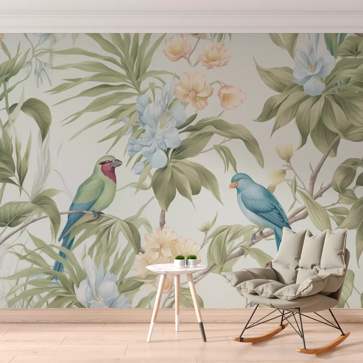 murales de pared Pájaros tropicales en ramas de árboles en flor w01638