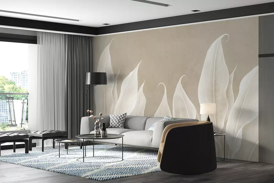 Murales de pared grandes hojas blancas sobre fondo beige w01679 murales de pared grandes hojas blancas sobre fondo beige w01679