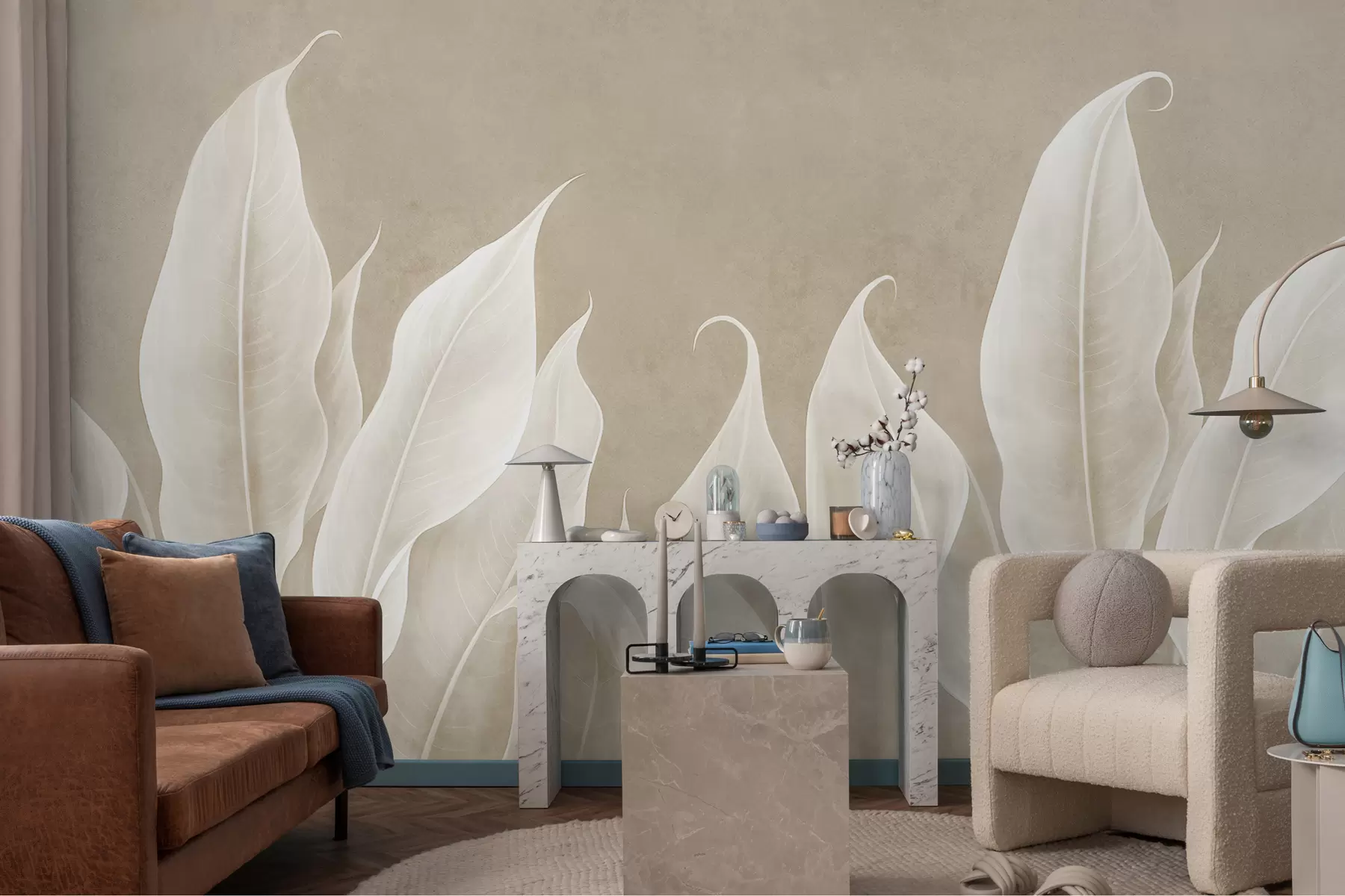 murales de pared grandes hojas blancas sobre fondo beige w01679