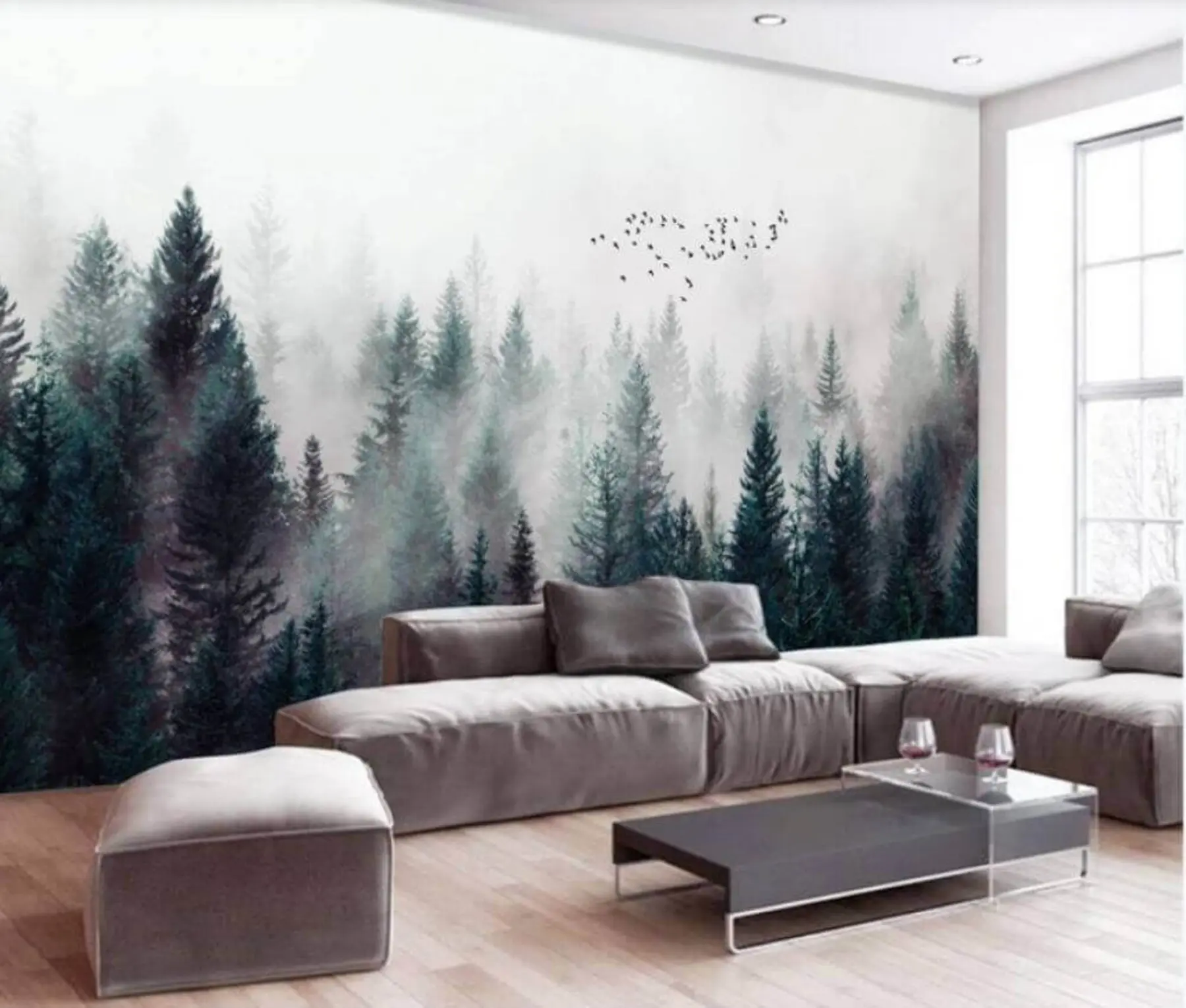murales de pared Aves voladoras sobre el bosque brumoso u28636