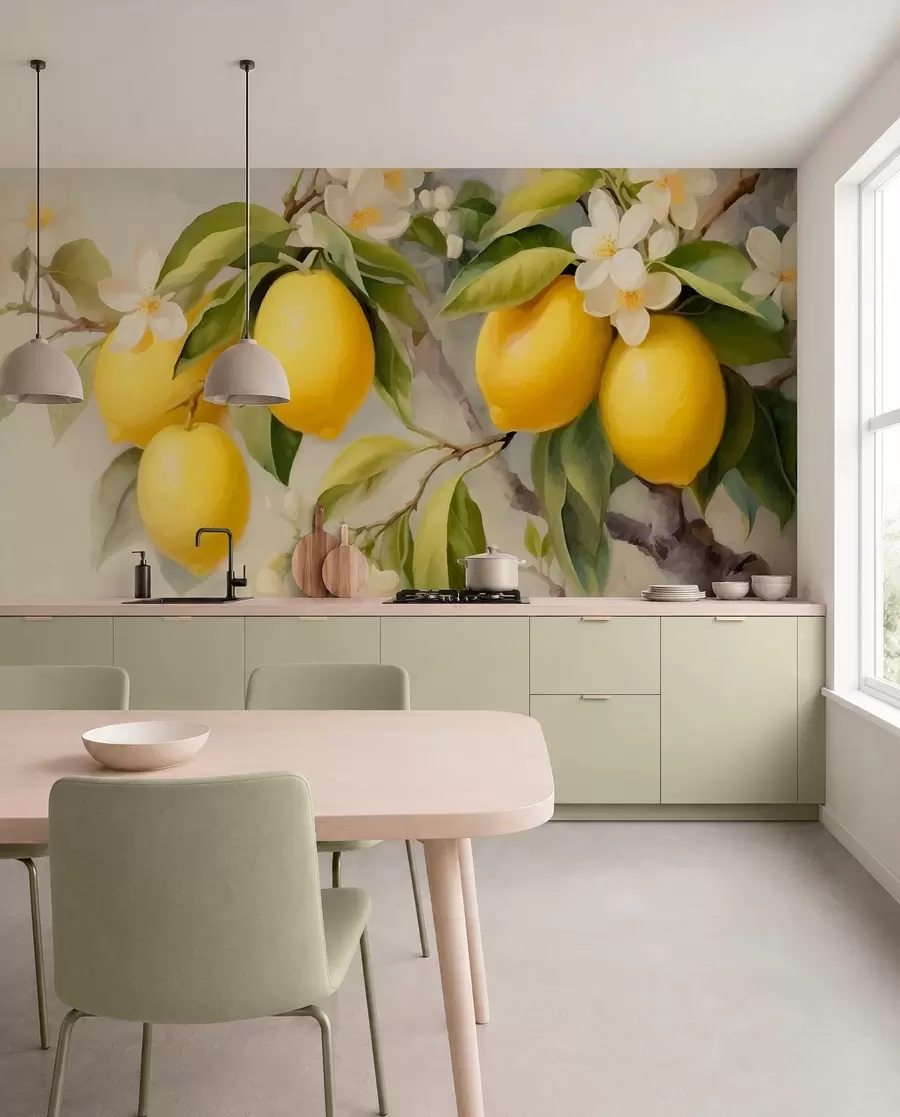 murales de pared Limones entre flores blancas w01136
