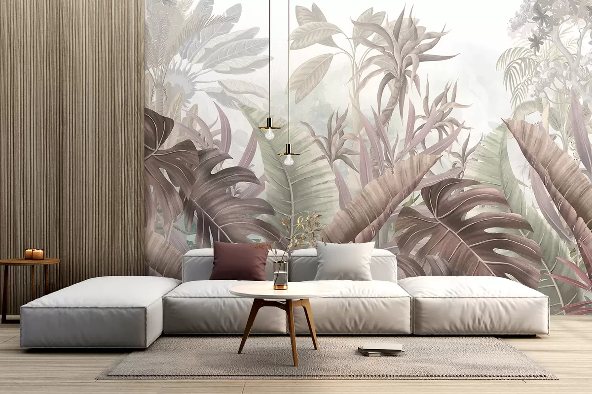 Murales de pared Una jungla tropical con grandes hojas de palmera y plantas exóticas en tonos grises, blancos y beige w08307 murales de pared Una jungla tropical con grandes hojas de palmera y plantas exóticas en tonos grises, blancos y beige w08307