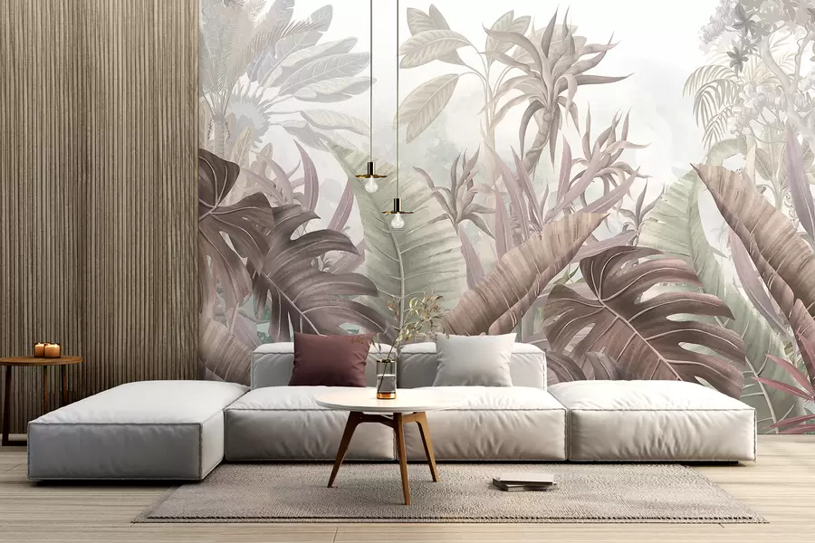 Murales de pared Una jungla tropical con grandes hojas de palmera y plantas exóticas en tonos grises, blancos y beige w08307 murales de pared Una jungla tropical con grandes hojas de palmera y plantas exóticas en tonos grises, blancos y beige w08307