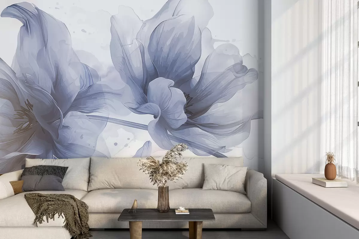 Murales de pared Suaves y etéreas flores de dalia azules y blancas con delicados pétalos en capas sobre un fondo difuminado w08308 murales de pared Suaves y etéreas flores de dalia azules y blancas con delicados pétalos en capas sobre un fondo difuminado w08308
