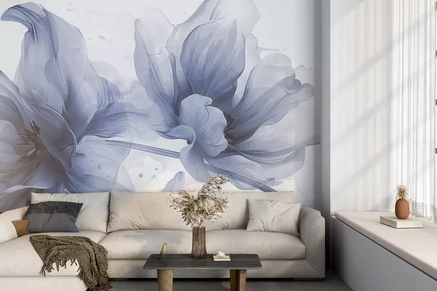Murales de pared Suaves y etéreas flores de dalia azules y blancas con delicados pétalos en capas sobre un fondo difuminado w08308 murales de pared Suaves y etéreas flores de dalia azules y blancas con delicados pétalos en capas sobre un fondo difuminado w08308