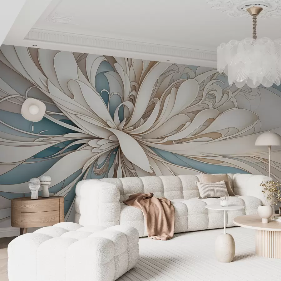 Murales de pared Estampado floral abstracto con formas orgánicas arremolinadas en tonos beige, tostado y azul con un fondo claro w08311 murales de pared Estampado floral abstracto con formas orgánicas arremolinadas en tonos beige, tostado y azul con un fondo claro w08311