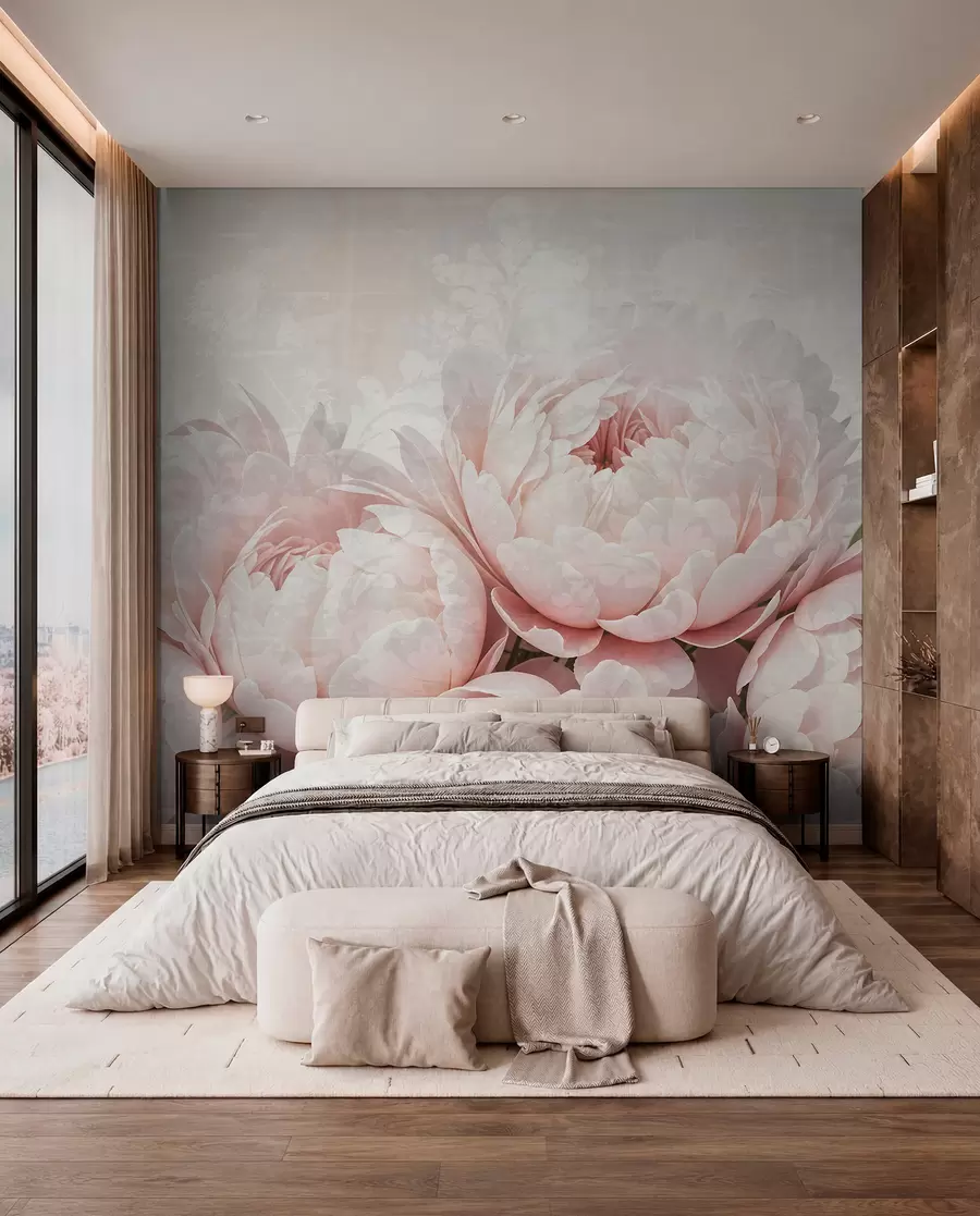 murales de pared Peonías de color rosa suave con delicados pétalos sobre un fondo vintage de textura ligera w08312