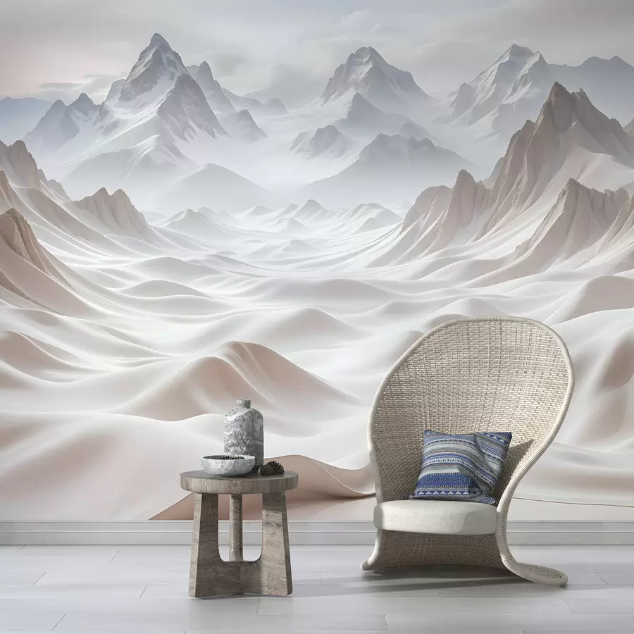 murales de pared Picos montañosos nevados emergiendo de un paisaje brumoso y etéreo con suaves colinas y valles w08313
