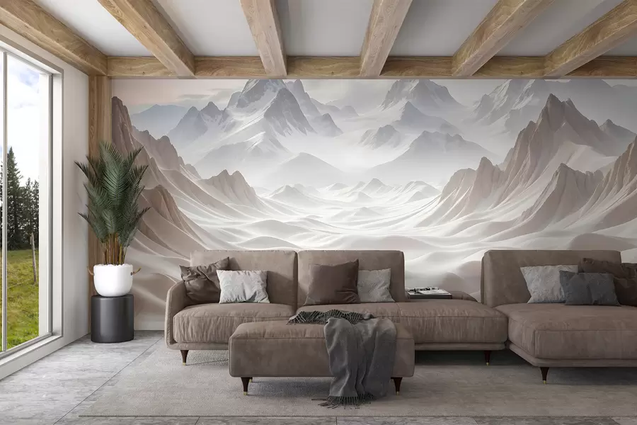 murales de pared Picos montañosos nevados emergiendo de un paisaje brumoso y etéreo con suaves colinas y valles w08313
