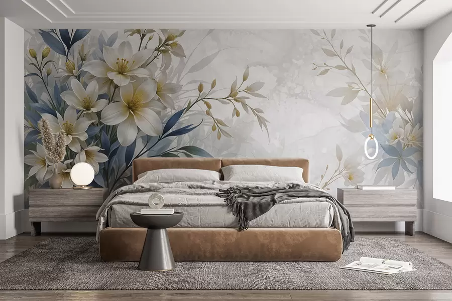 murales de pared Ramo floral blanco, beige y azul con delicadas hojas sobre un fondo suave y difuminado w08314