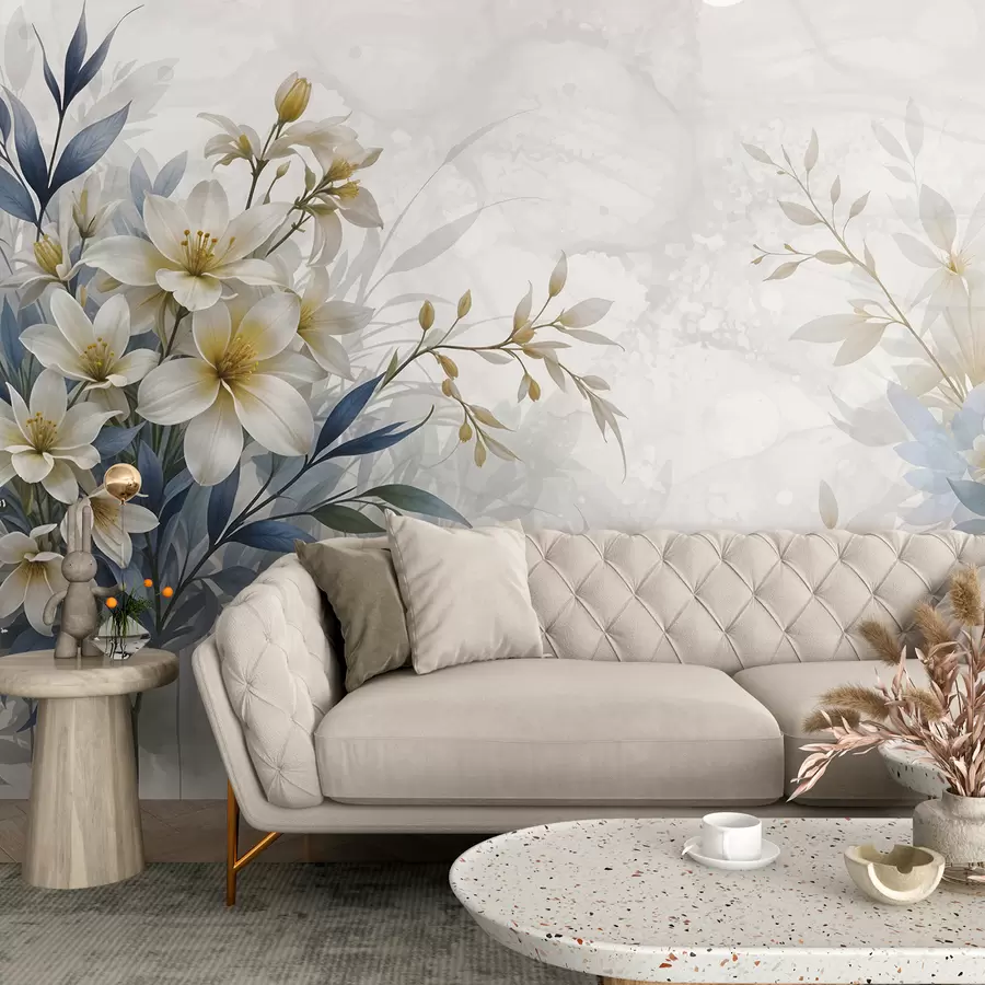 murales de pared Ramo floral blanco, beige y azul con delicadas hojas sobre un fondo suave y difuminado w08314