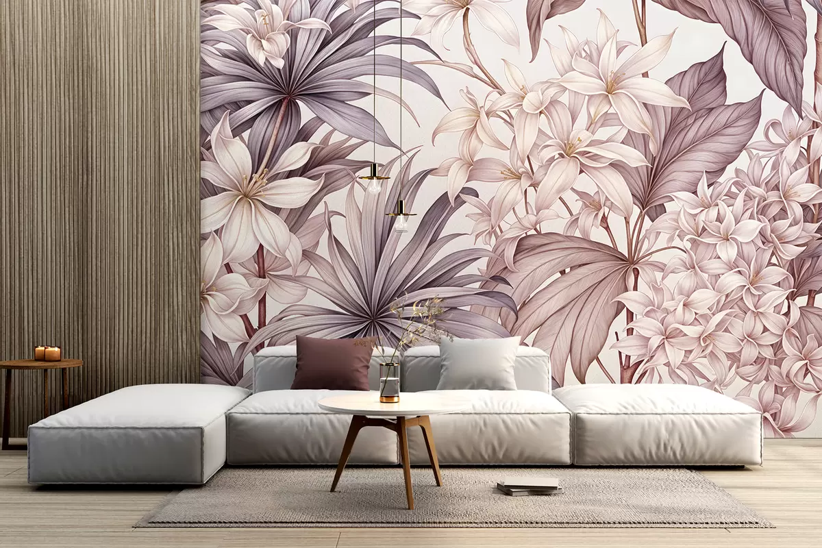 Murales de pared Estampado floral tropical con grandes flores blancas y rosa claro, hojas de bordo y fondo neutro w08318v1 murales de pared Estampado floral tropical con grandes flores blancas y rosa claro, hojas de bordo y fondo neutro w08318v1