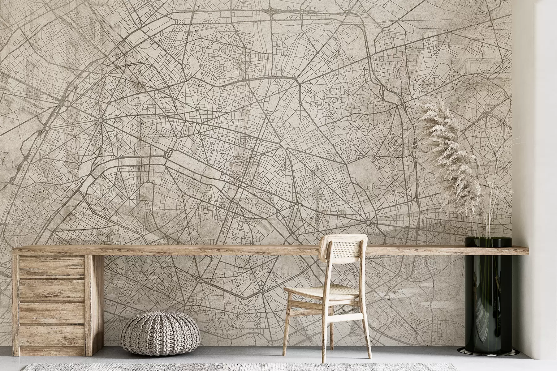 murales de pared Mapa de la ciudad de París, dibujo lineal, arquitectura, Francia, colores beige w01697