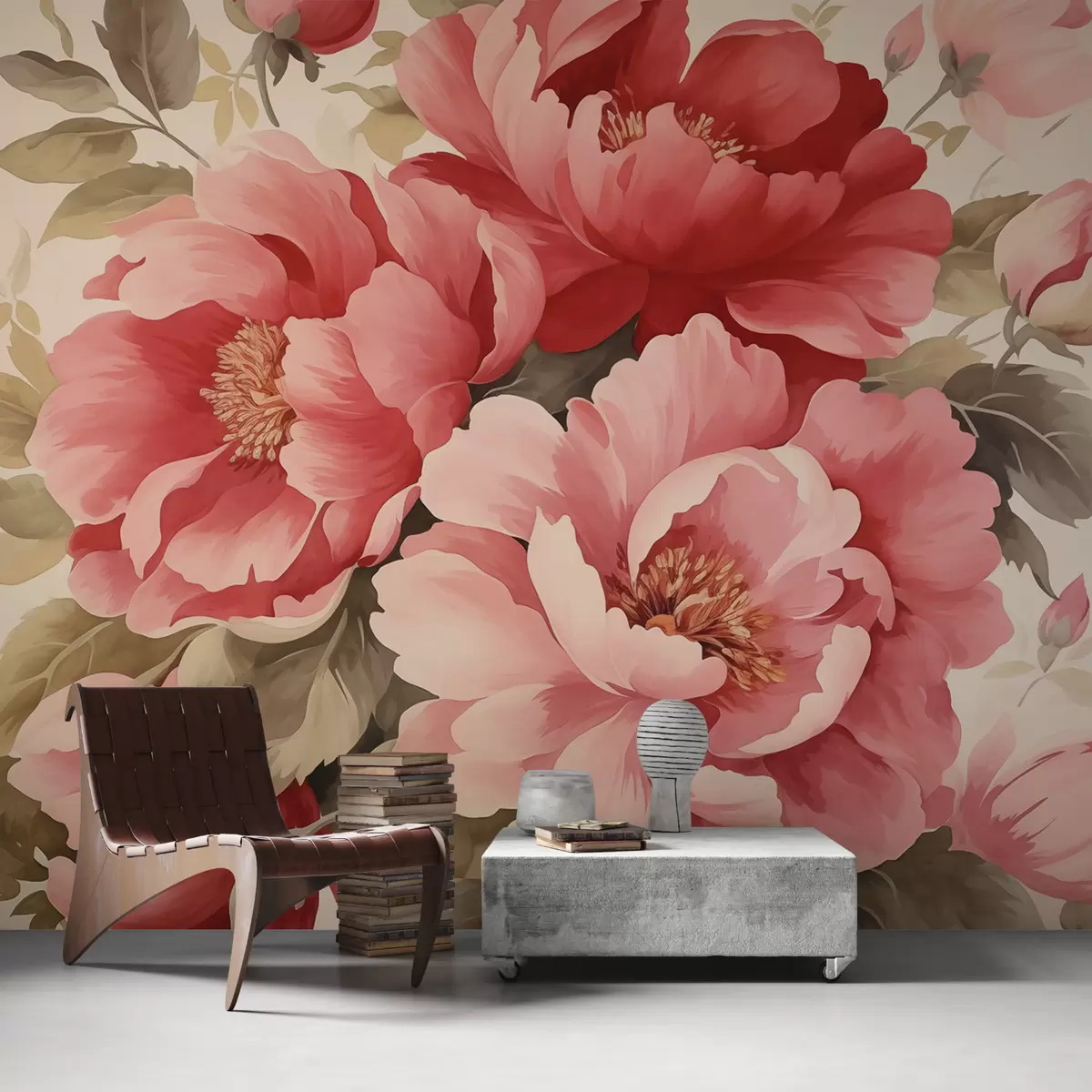 murales de pared Rosas vintage acuarela, rosa, rojo, verde w01733