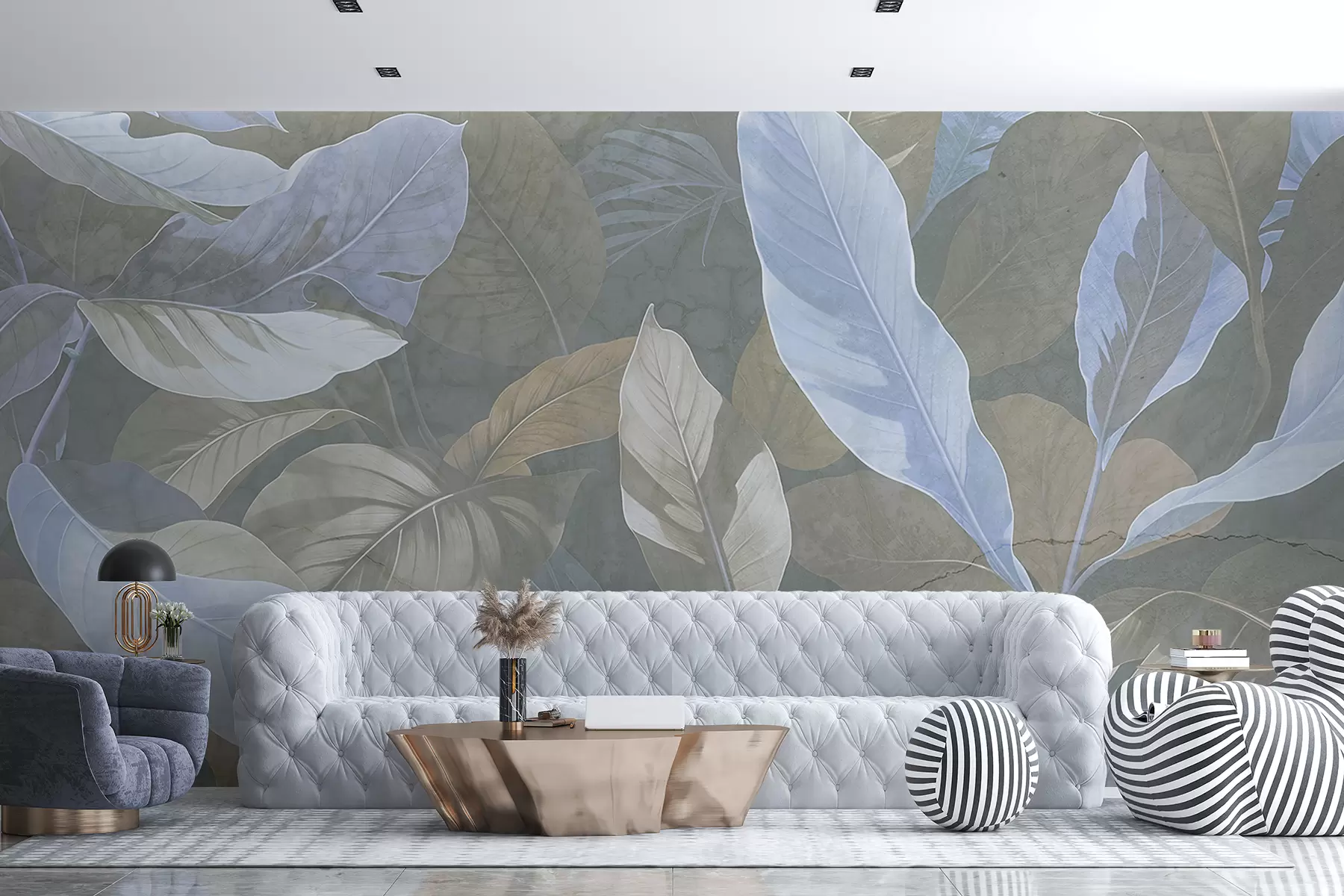 murales de pared Estampado abstracto con delicadas hojas blancas, beige y azules sobre un fondo de textura suave y apagada w08322