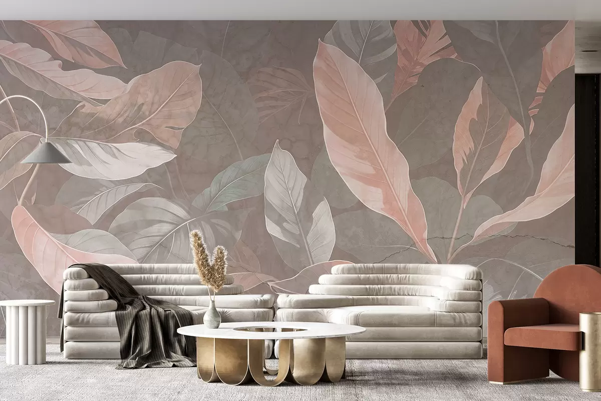 murales de pared Estampado abstracto con delicadas hojas blancas, beige y melocotón sobre un fondo de textura suave y apagada w08322v1