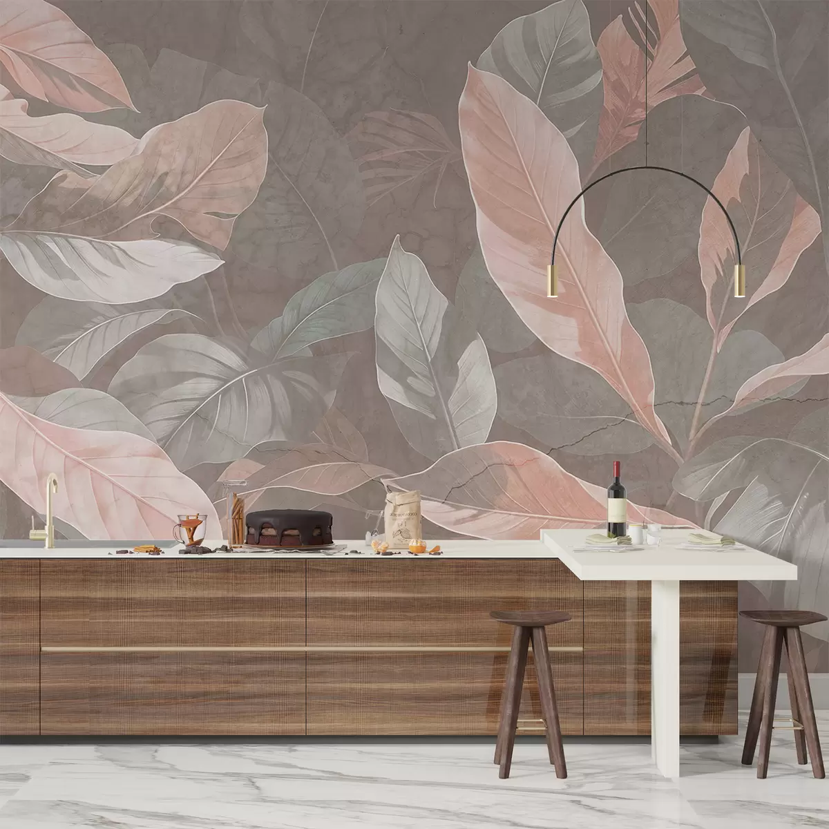 Murales de pared Estampado abstracto con delicadas hojas blancas, beige y melocotón sobre un fondo de textura suave y apagada w08322v1 murales de pared Estampado abstracto con delicadas hojas blancas, beige y melocotón sobre un fondo de textura suave y apagada w08322v1