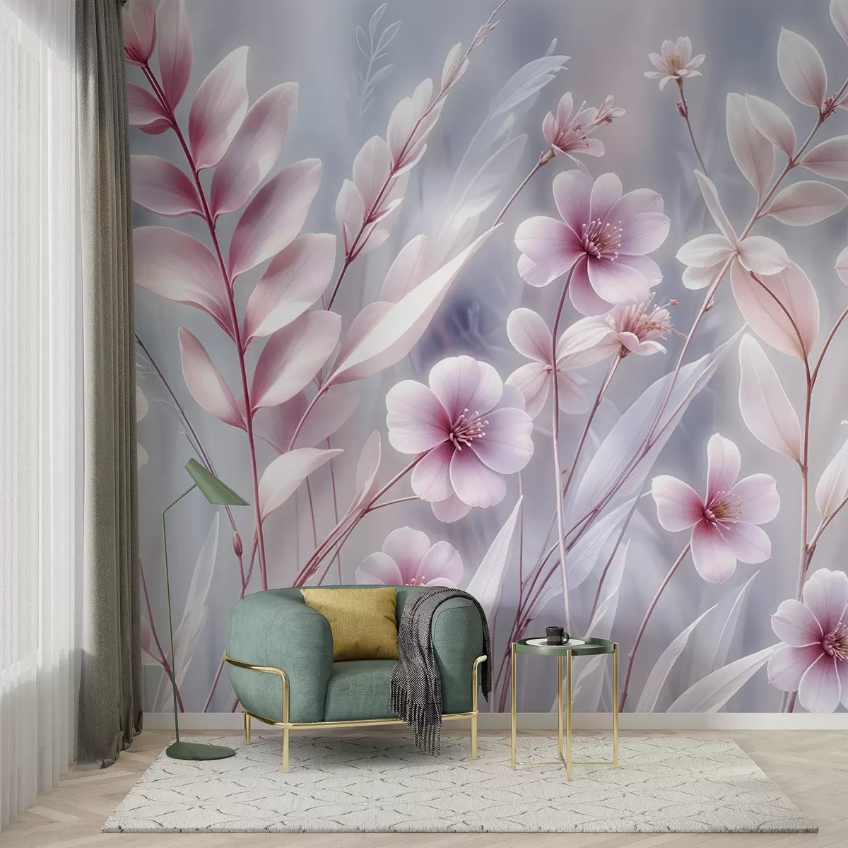 Murales de pared Delicadas flores rosas con suaves pétalos y hojas sobre un fondo abstracto gris pálido w08323 murales de pared Delicadas flores rosas con suaves pétalos y hojas sobre un fondo abstracto gris pálido w08323